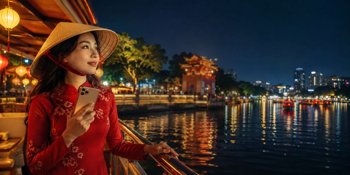 Người phụ nữ Hà Nội đội nón lá xem ưu đãi casino trên điện thoại di động buổi chiều